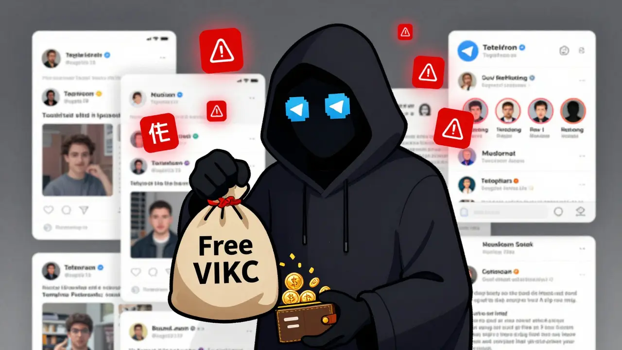 A shadowy scammer draining a wallet with fake Telegram icons and countdown timers.