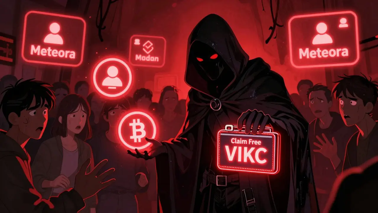 A shadowy scammer reaching for a wallet while victims reach for fake VIKC tokens, with real projects shining in the background.
