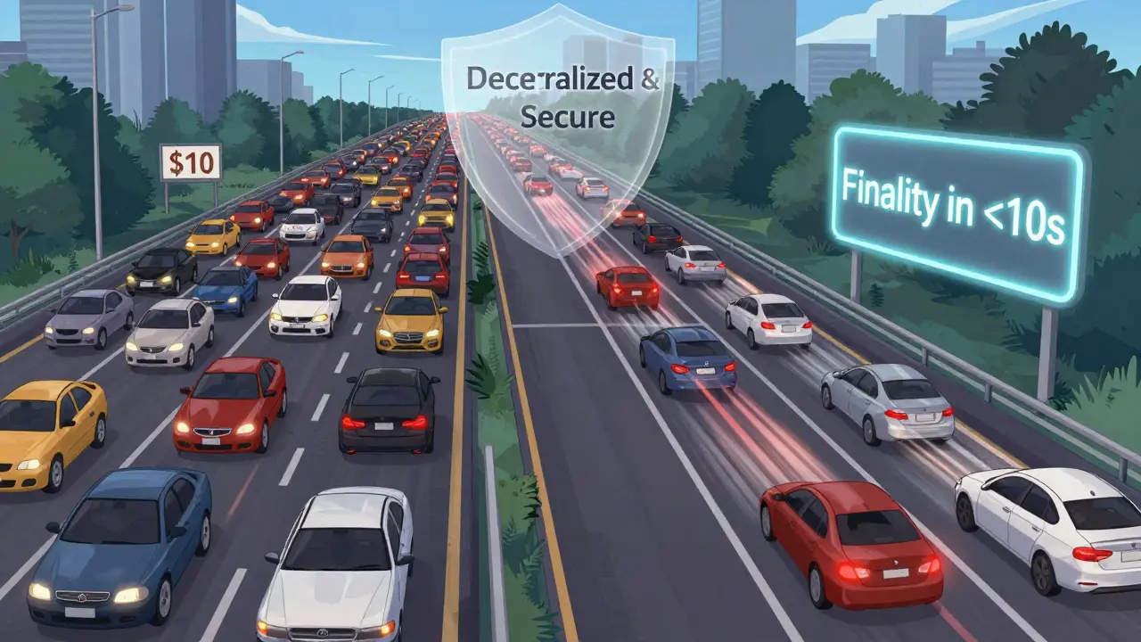 A side-by-side comparison: congested Ethereum traffic vs. smooth Conflux highway with fast transactions and low fees.