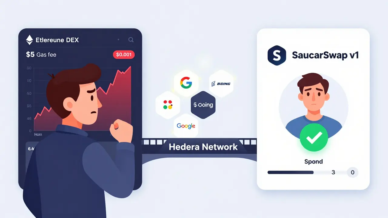 A split scene contrasts chaotic Ethereum trading with calm SaucerSwap v1 transactions on the Hedera network, supported by corporate-backed nodes.