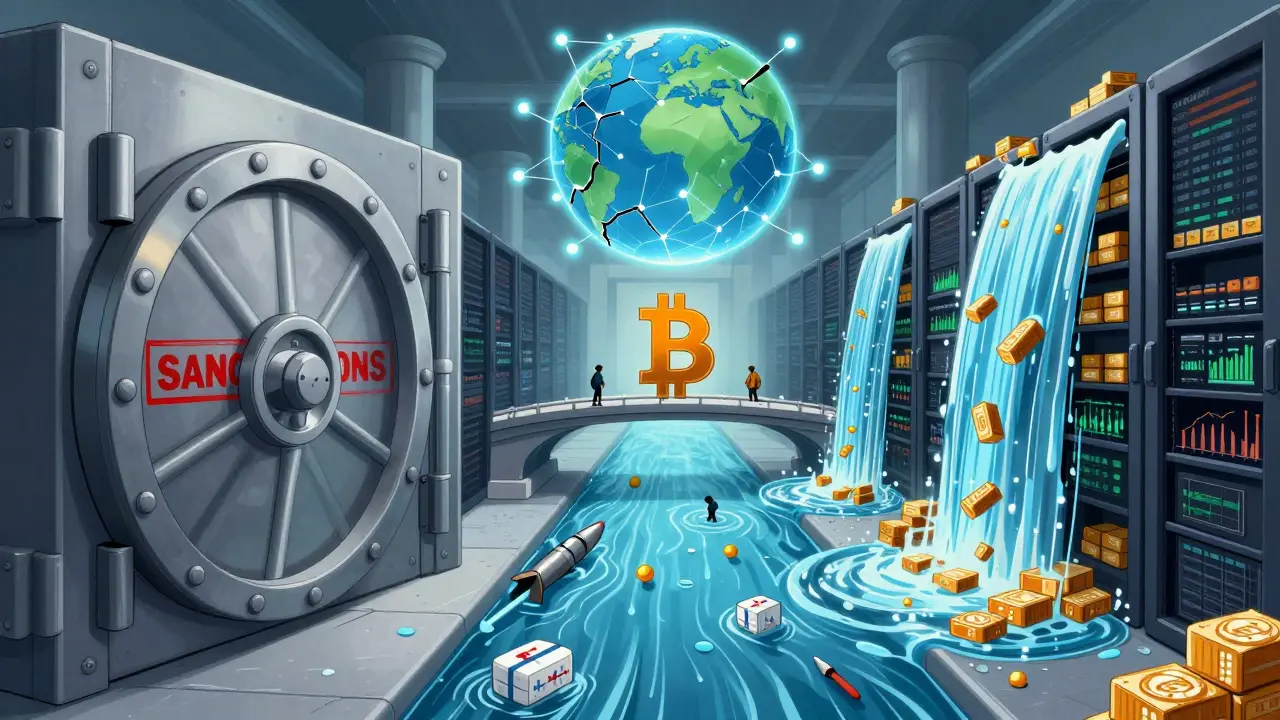 A split scene showing sanctions on one side and a thriving Iranian crypto economy on the other, with Bitcoin as the bridge connecting them to global flows.