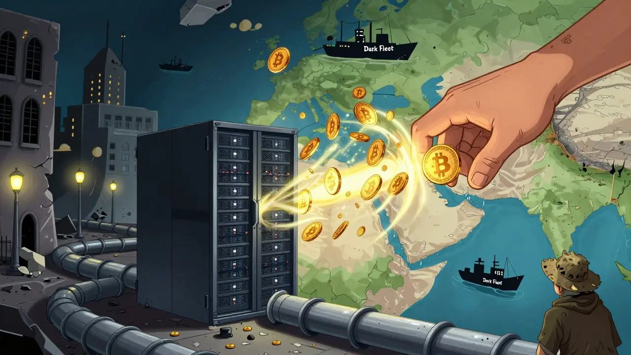 A surreal financial pipeline turning Iranian energy into cryptocurrency, with shadowy figures and dark fleet ships transporting digital wealth abroad.