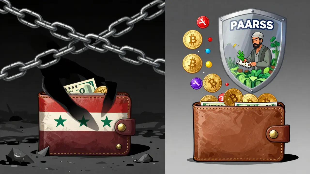 A Syrian farmer receives crypto payment as old sanctions break apart, replaced by a shield protecting civilians.