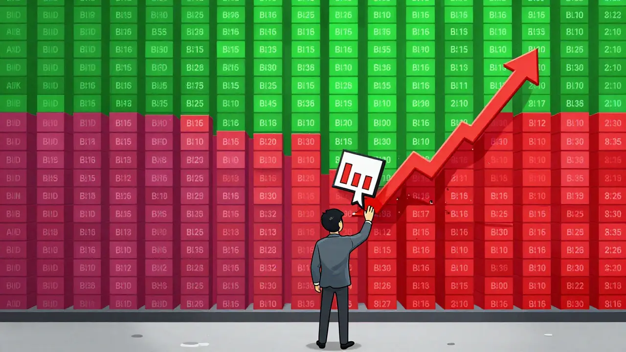 A trader faces a digital order book with deep green bid layers allowing smooth trades, while thin red layers cause price spikes and slippage.