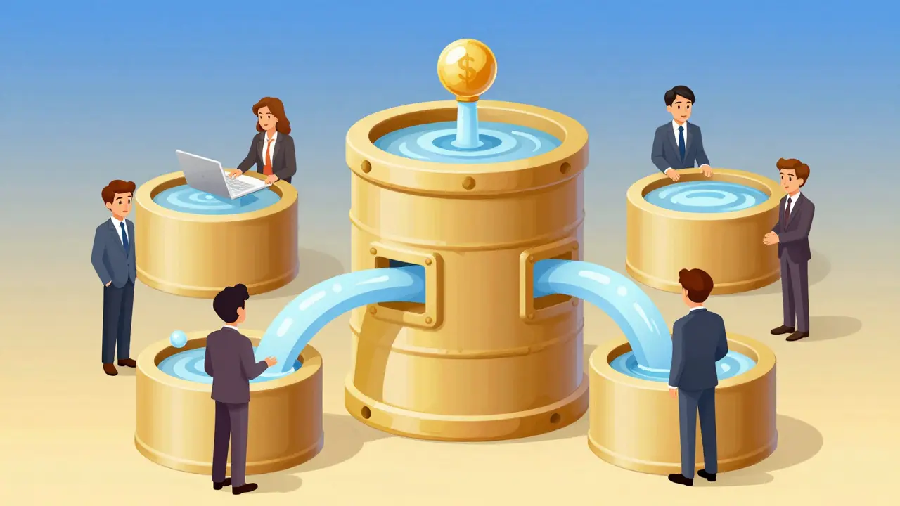 Central vault managing liquidity pools for stable trading.