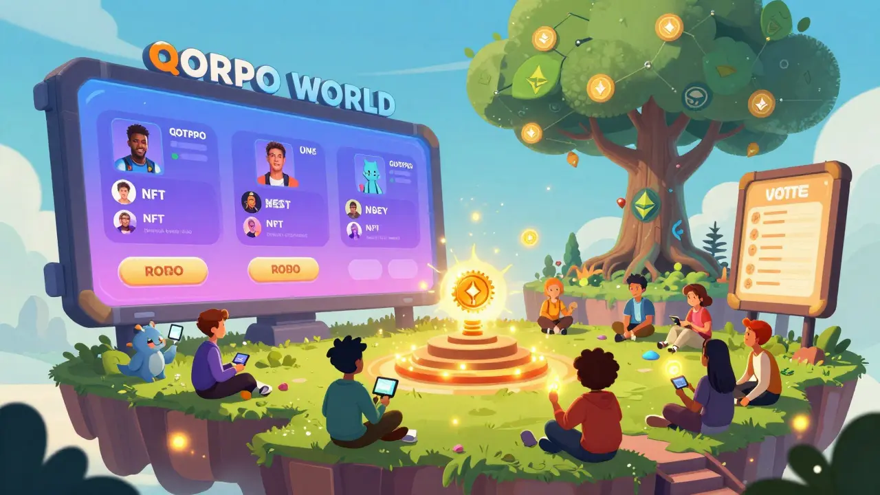 Community hub with avatars trading NFTs and voting using QORPO tokens, digital tree with token leaves in background.