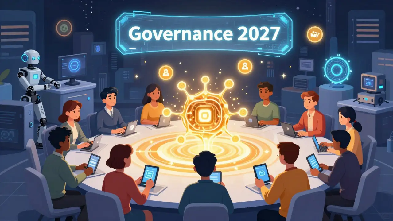 Diverse users staking ORI tokens around a central AI core, with governance symbols floating above.