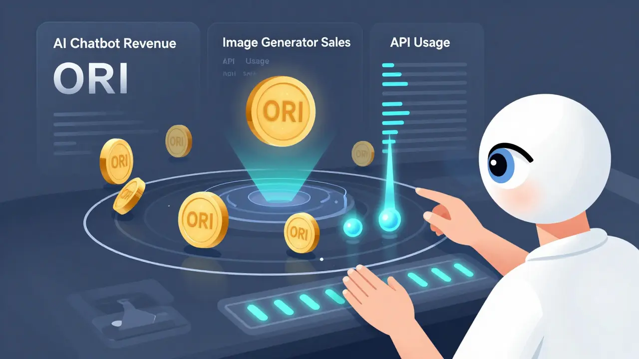 Floating ORI tokens with real-time AI data streams adjusting supply based on market demand.