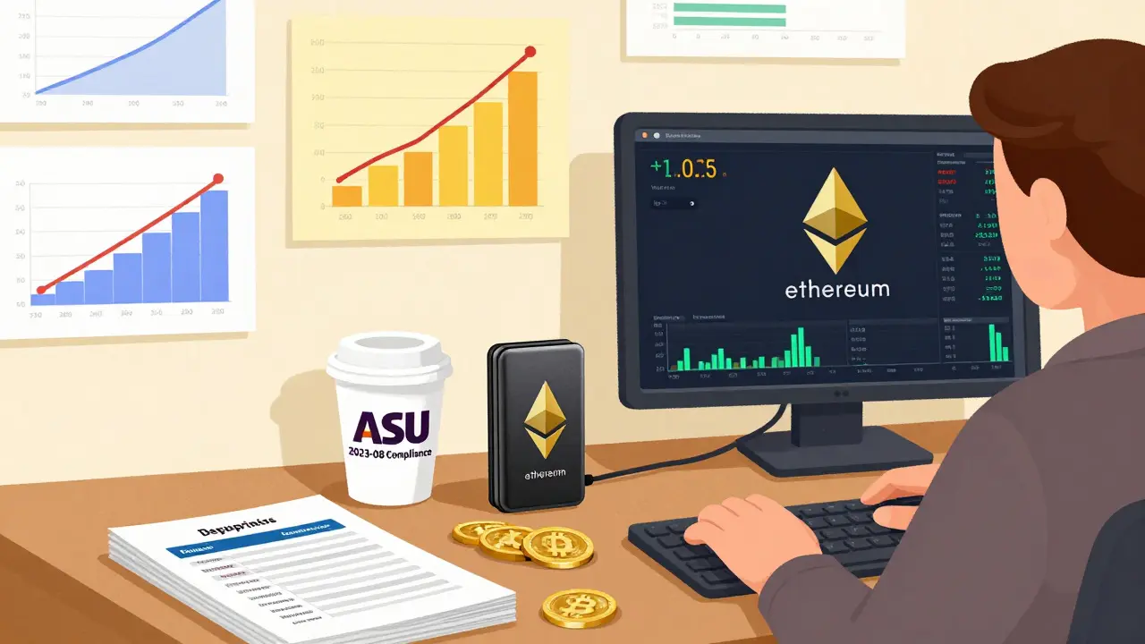 Nonprofit staff managing crypto donations using a hardware wallet and real-time price charts on a computer screen.