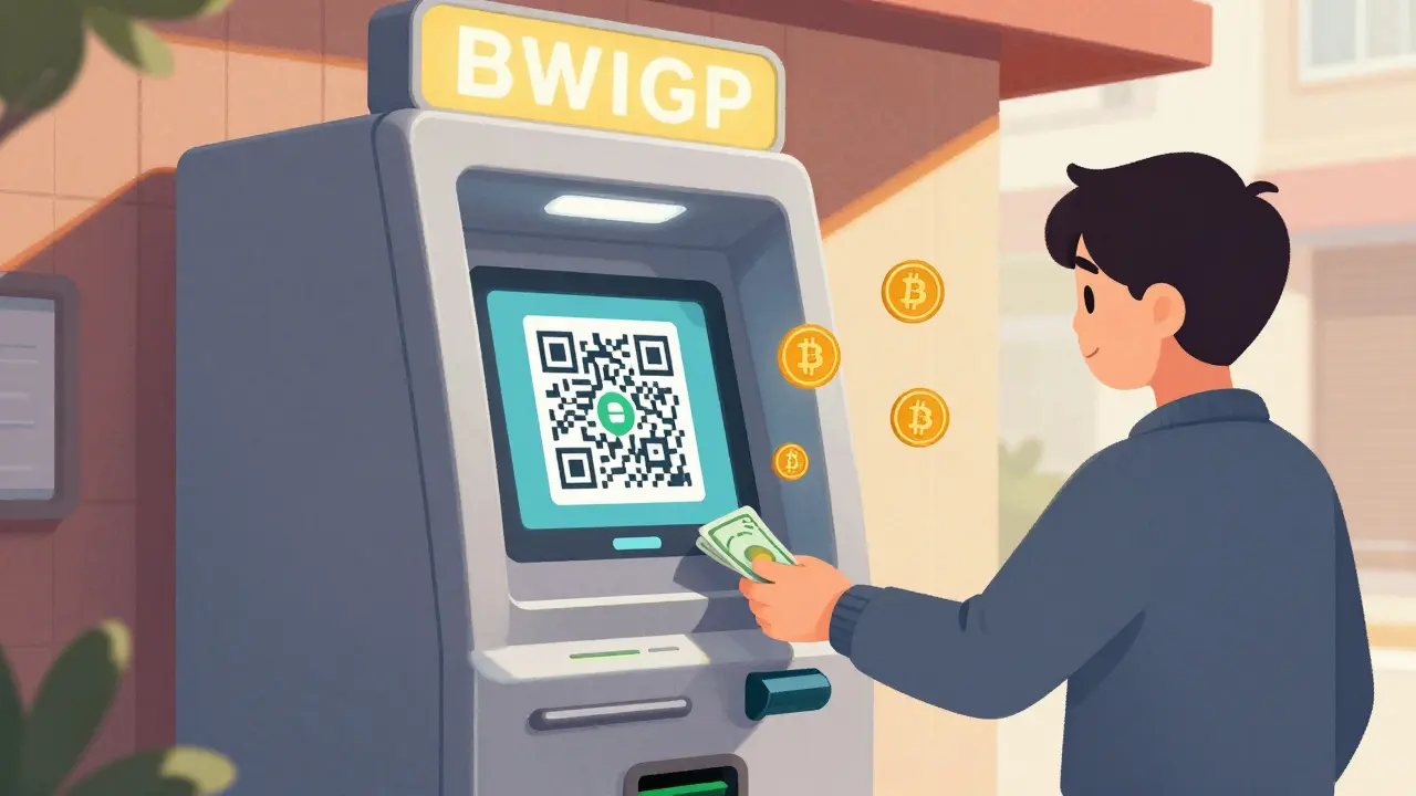 Person using crypto ATM to convert cash to digital coins.