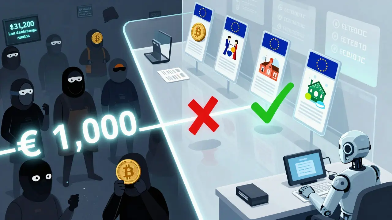 Split scene: chaotic anonymous crypto trading vs. transparent tokenized assets with a €1,000 compliance threshold dividing them.