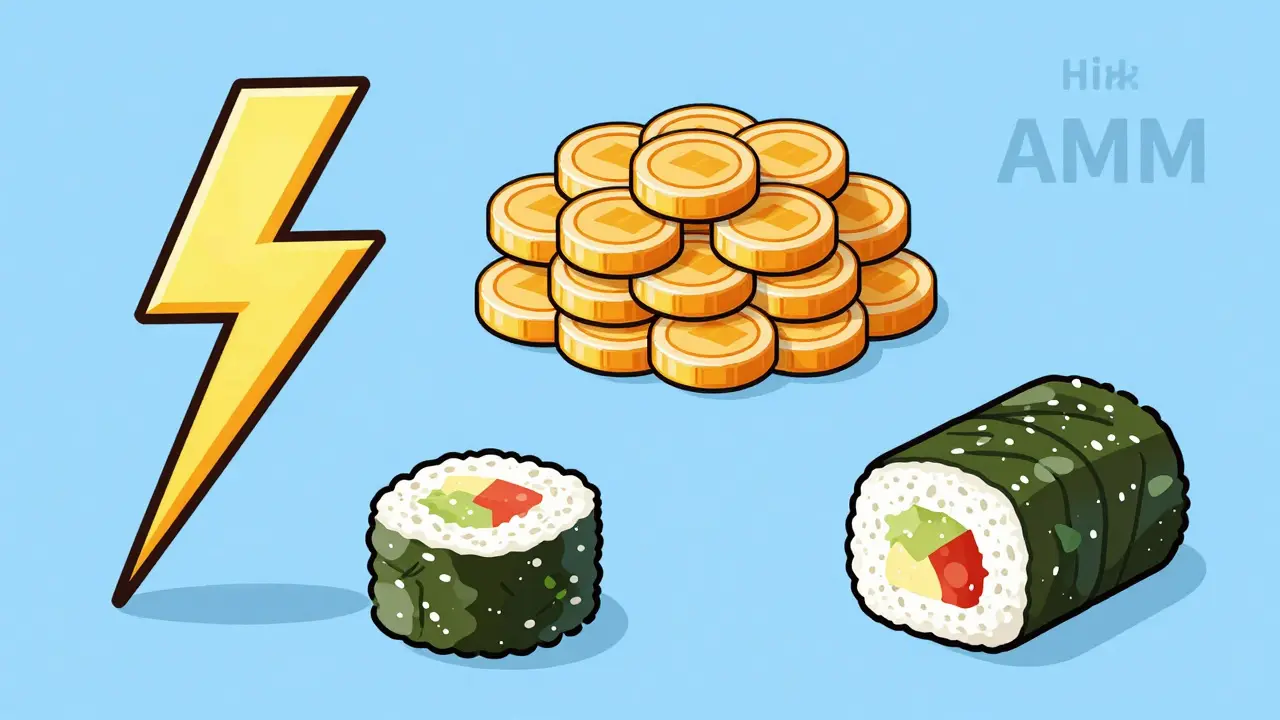 Three symbols for DEX features: speed, token pairs, traditional AMM.