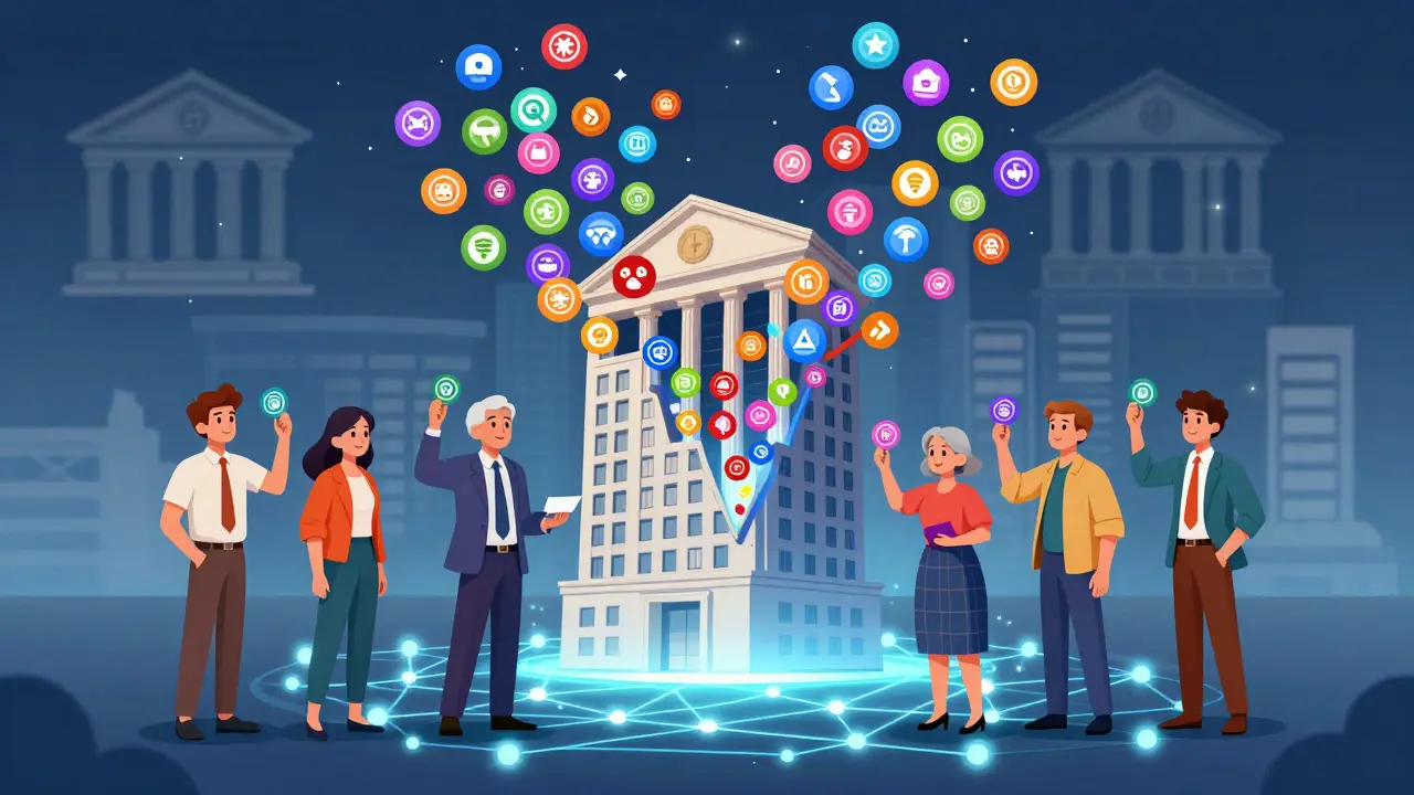 A building is divided into digital tokens, allowing everyday people to invest, powered by a glowing blockchain network beneath.