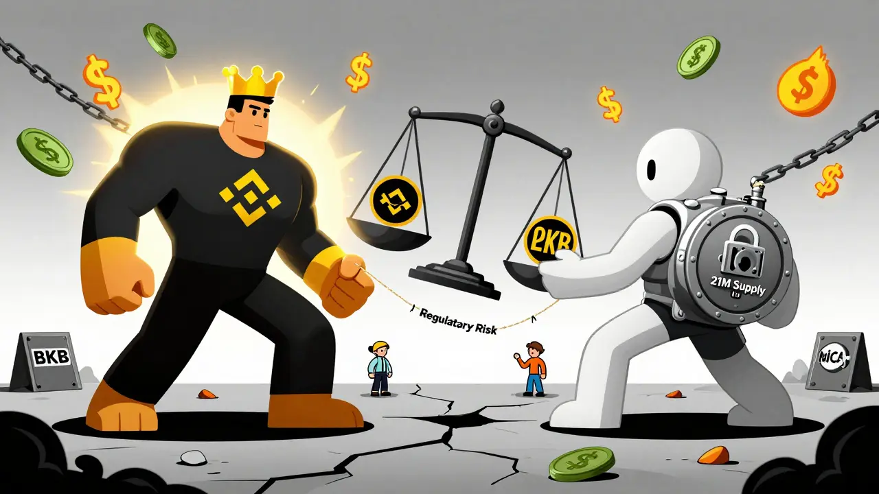 A cartoon tug-of-war between BNB and OKB, with other tokens watching, as regulatory signs loom and a scale tilts toward scarcity.