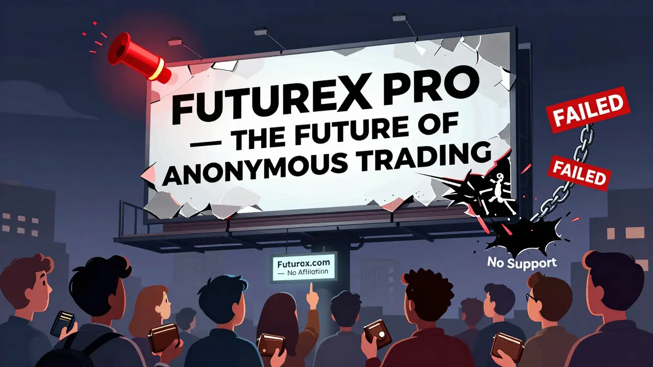 A crumbling billboard for FutureX Pro reveals a skeleton beneath, while users are misled by a fake connection to a legitimate company.