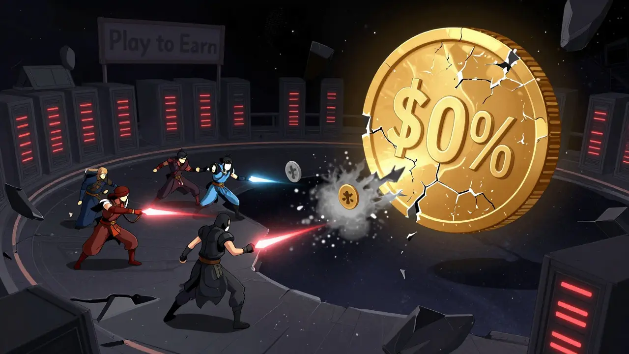 A crumbling digital arena with fading anime warriors and a cracked $CEC coin losing its glow, set against a dead server farm with blinking red errors.