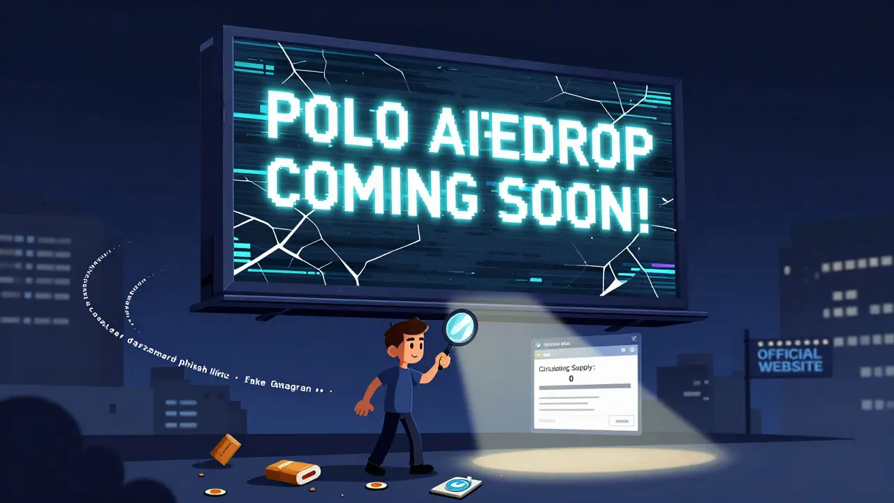 A flickering fake airdrop billboard above a city, with a player verifying the zero supply on Etherscan amid discarded phishing links.