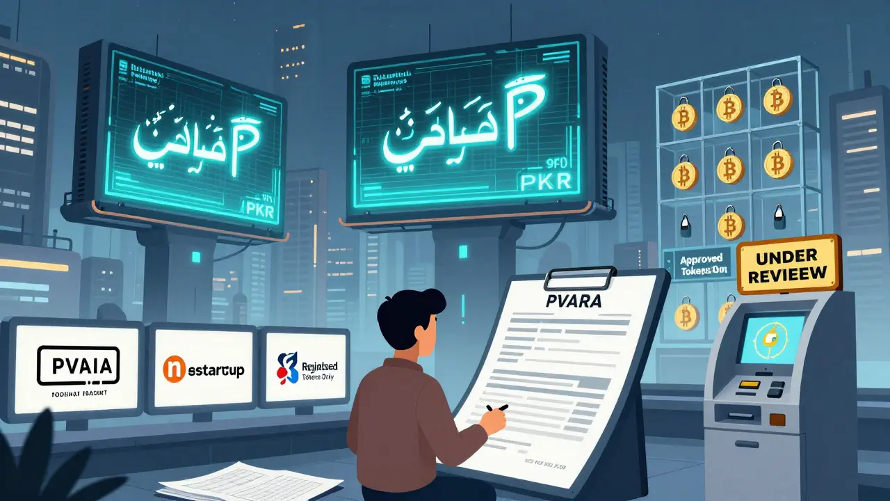 A futuristic city with glowing Digital PKR billboards and locked Bitcoin icons, showing strict government oversight of crypto.