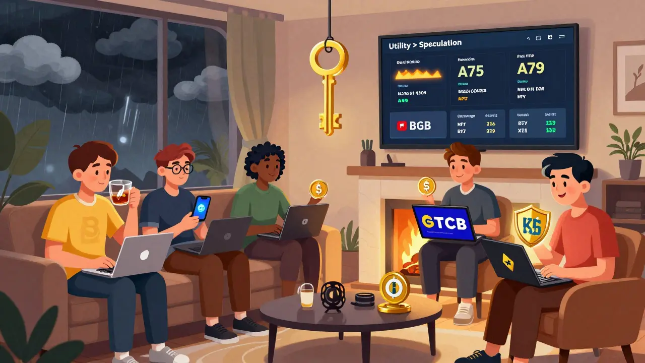 A group of traders relax in a living room, each using a different exchange token, with burn counters and APY stats displayed on a wall screen.