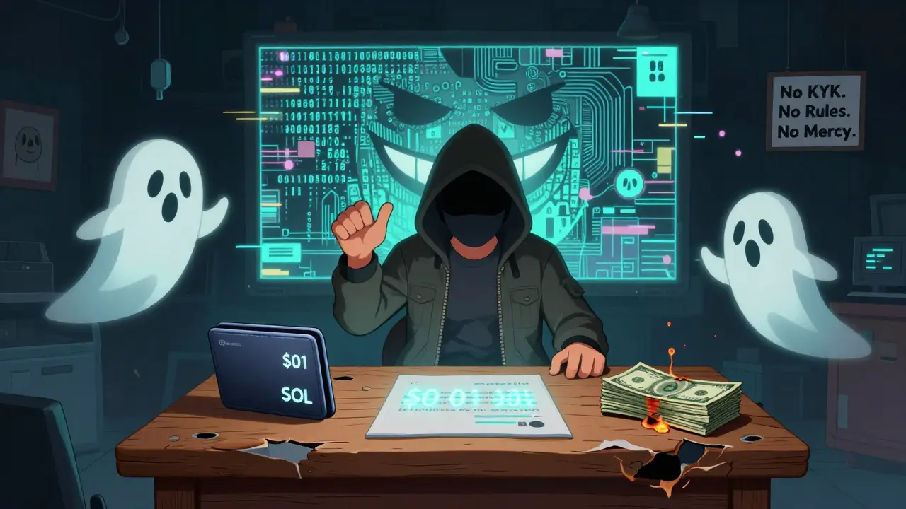 A lone trader at a crumbling table with a Solana wallet and burning LARRY cash, haunted by ghostly holders and a looming Larry face.