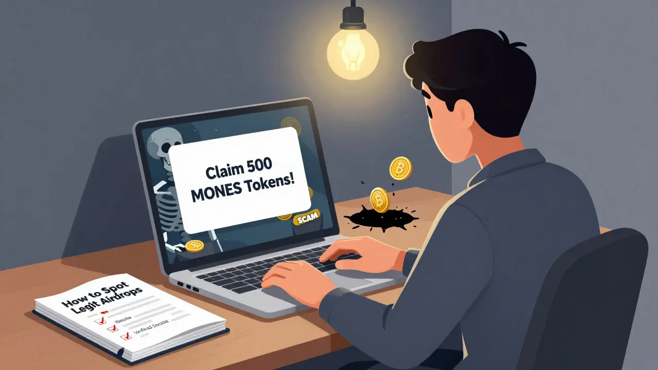 A person's face turns skeletal as crypto drains into a scam black hole, while a guide to real airdrops glows nearby.