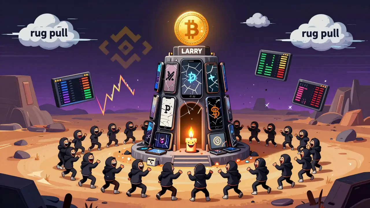 A shrine of memes and broken crypto logos topped with a glowing LARRY token, surrounded by dancing holders in a digital wasteland.