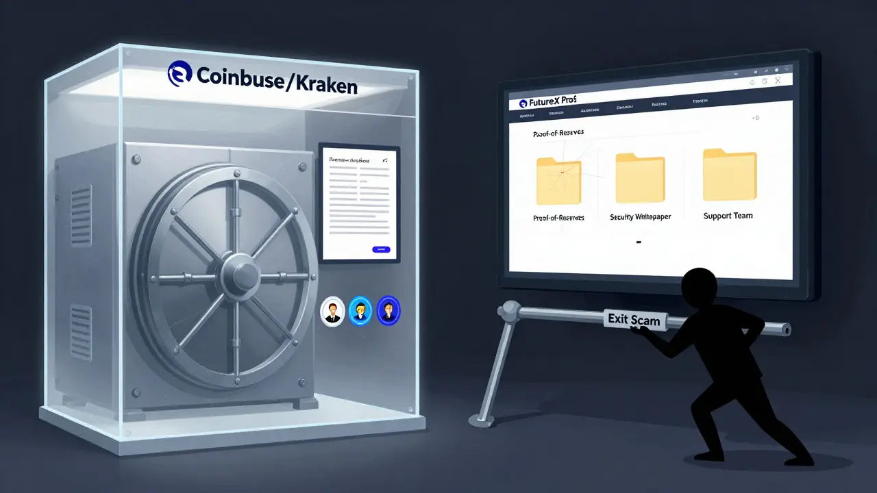 A split scene: a transparent, compliant exchange on one side, and a hollow, empty shell of FutureX Pro on the other.
