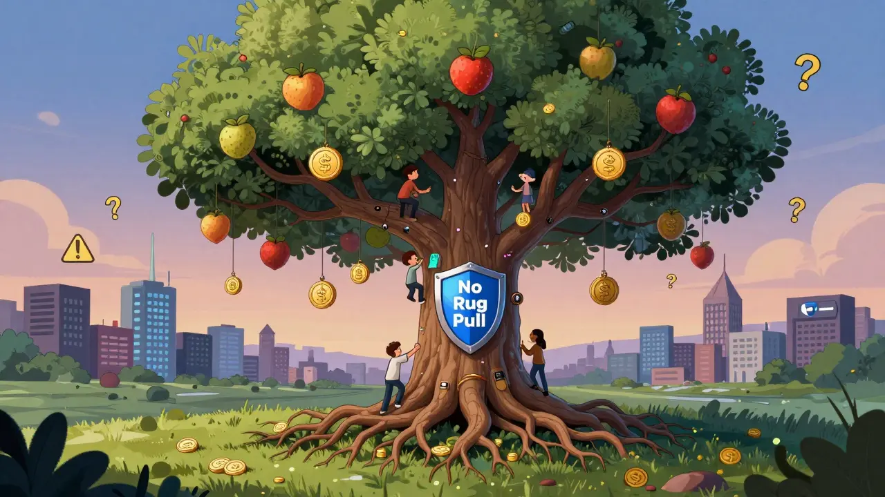 A symbolic tree of smart contracts bearing DIVER fruit, with users harvesting tokens through trading and liquidity provision.