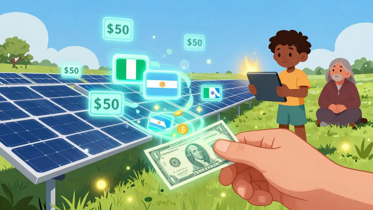 A tokenized solar farm emits digital investment shares, while a U.S. Treasury bond transforms into a DeFi asset.