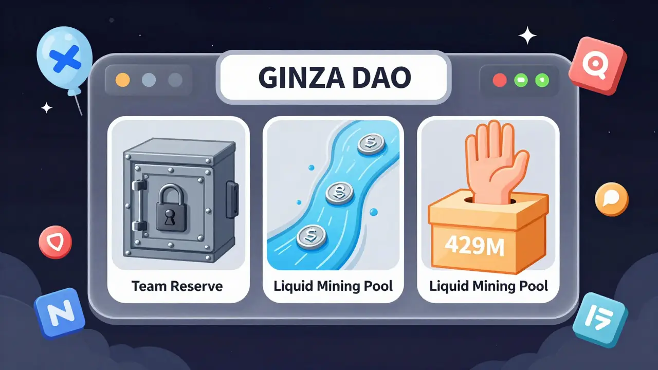 A transparent DAO dashboard showing token distribution with vaults, rivers, and voting icons in soft pastel tones.