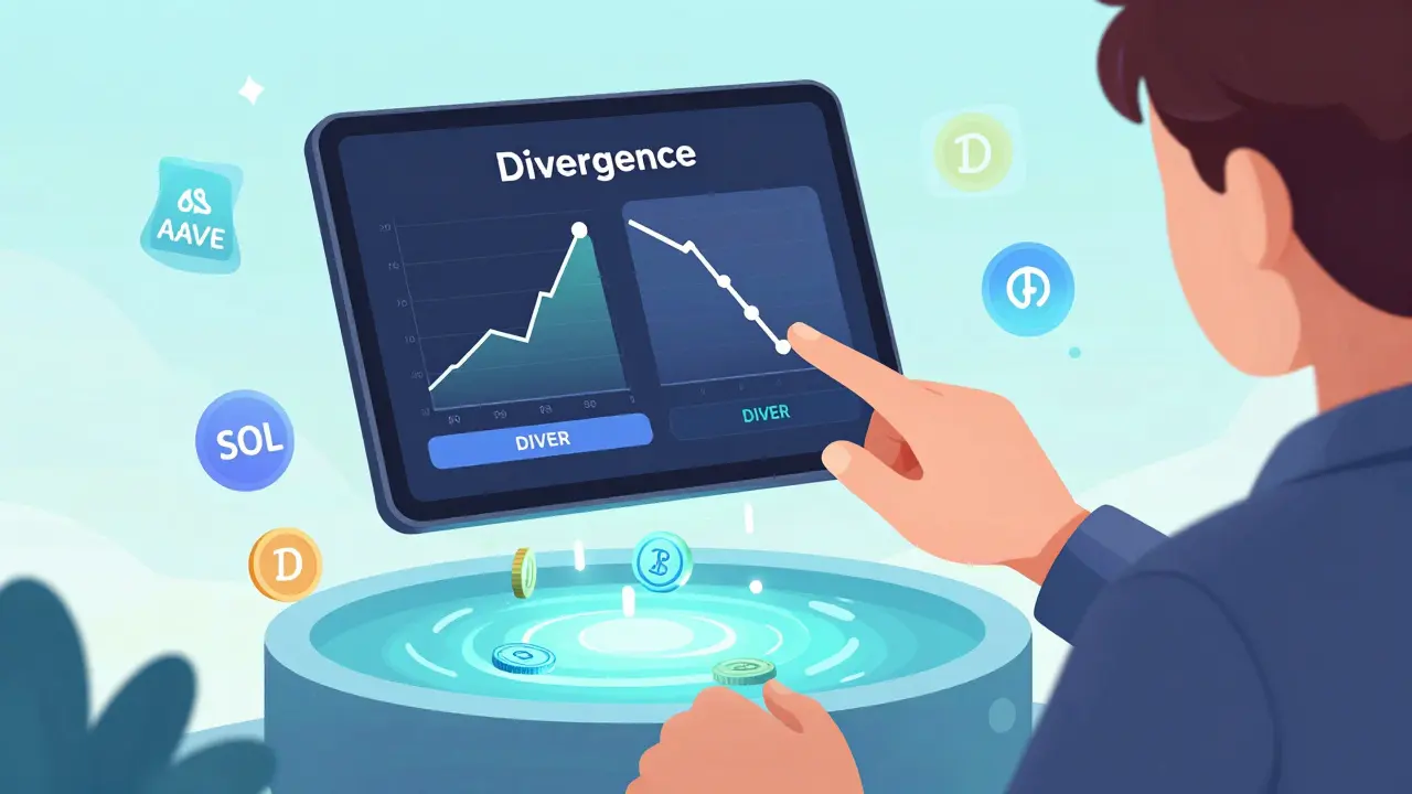 A user placing a volatility bet on ETH via the Divergence app, with DIVER tokens raining down from a liquidity pool.