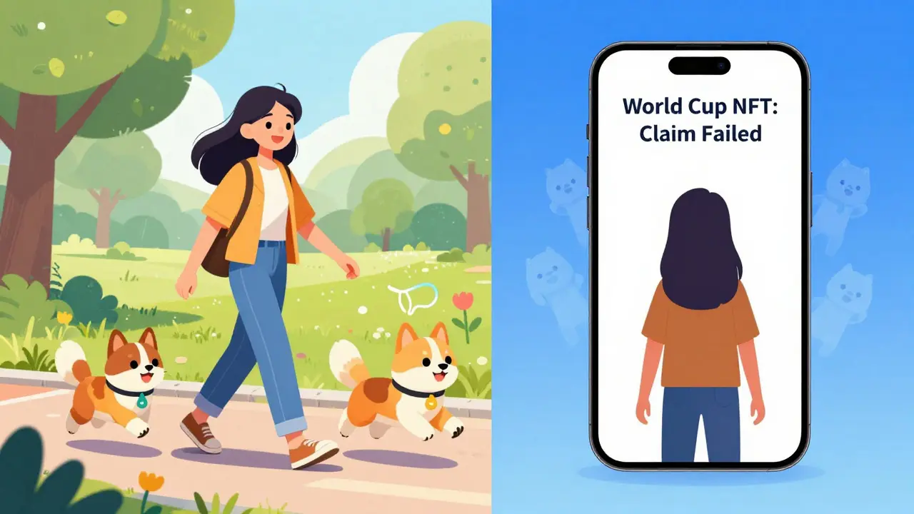 A user walks with a happy pet NFT in daylight, while on their phone screen, an airdrop claim fails with ghostly fading NFTs.