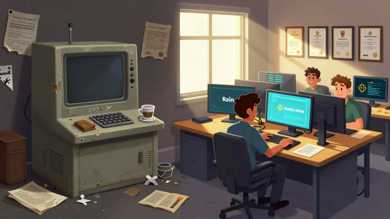 Abandoned UPEX terminal vs. vibrant active trading desks of Rain and Binance MENA, with licenses and sunlight.