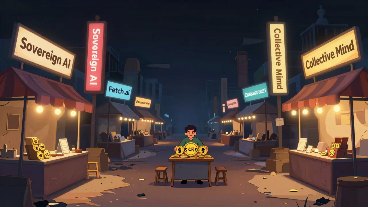 An abandoned crypto marketplace where only CORE tokens are sold, while other legitimate AI projects glow brightly nearby.