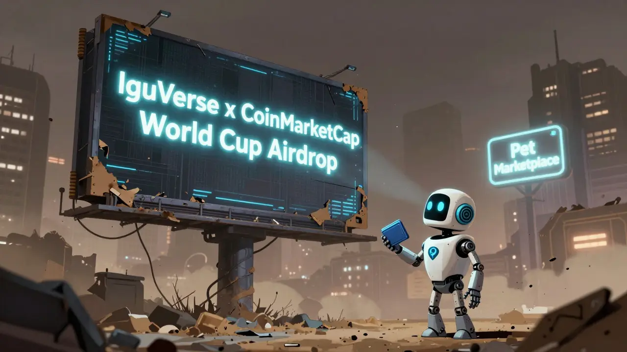 An abandoned digital billboard fades away as a robot stares at it, while a nearby 'Pet Marketplace' sign glows with new activity.