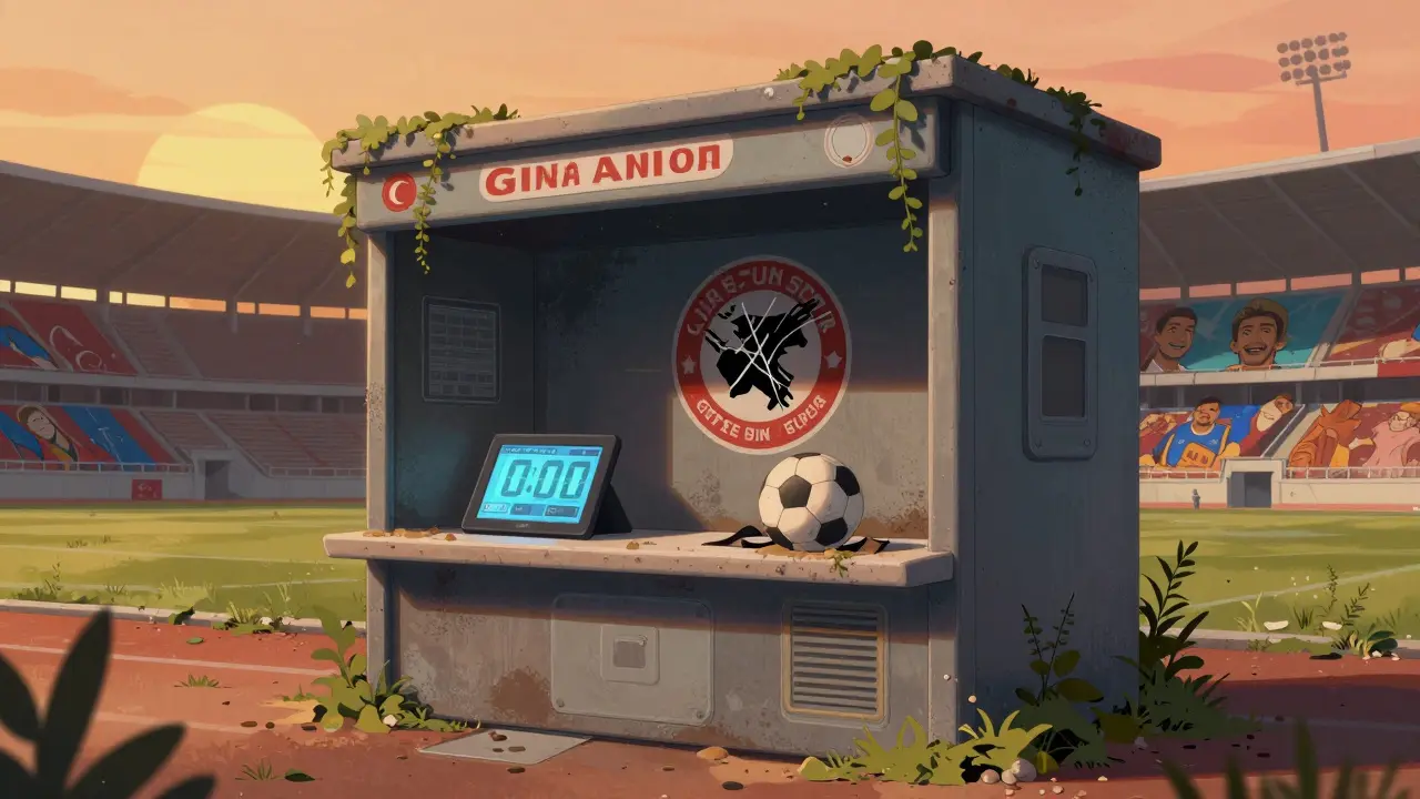 An abandoned fan token kiosk in a deserted stadium with a broken price display.