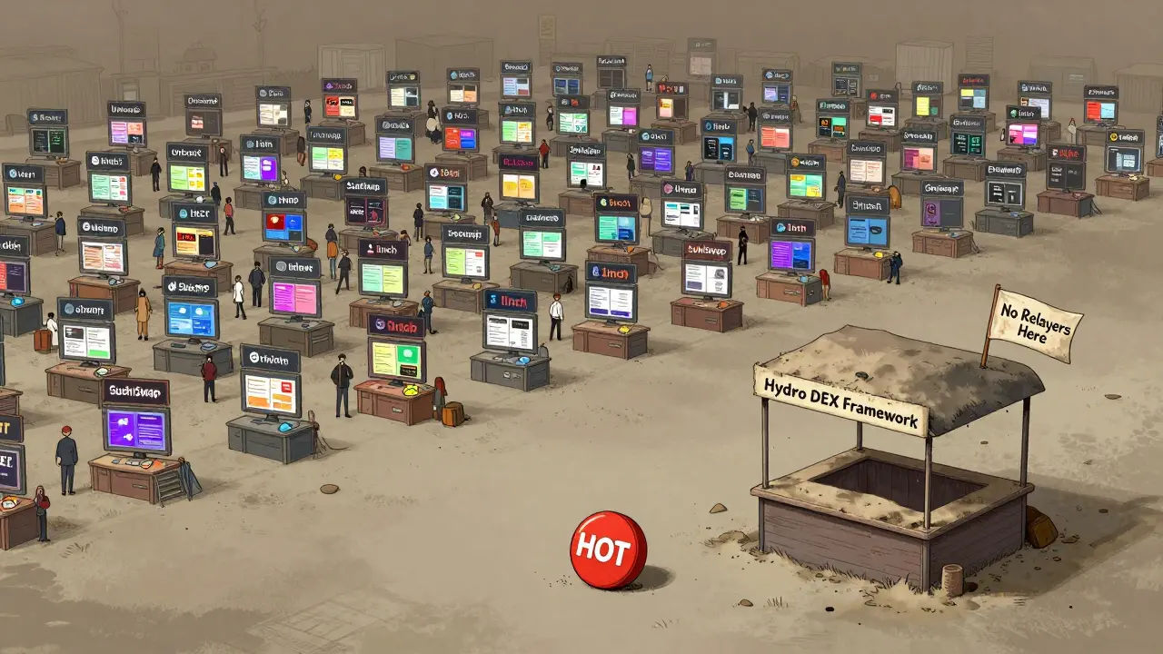An abandoned Hydro DEX booth sits empty in a bustling marketplace of competing DEXs.