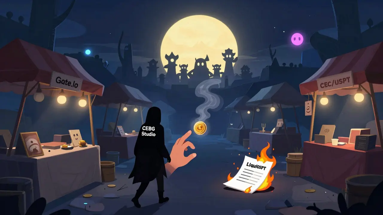 An empty crypto marketplace at night with a fading token dissolving into smoke, while the project team walks away from a burning whitepaper.