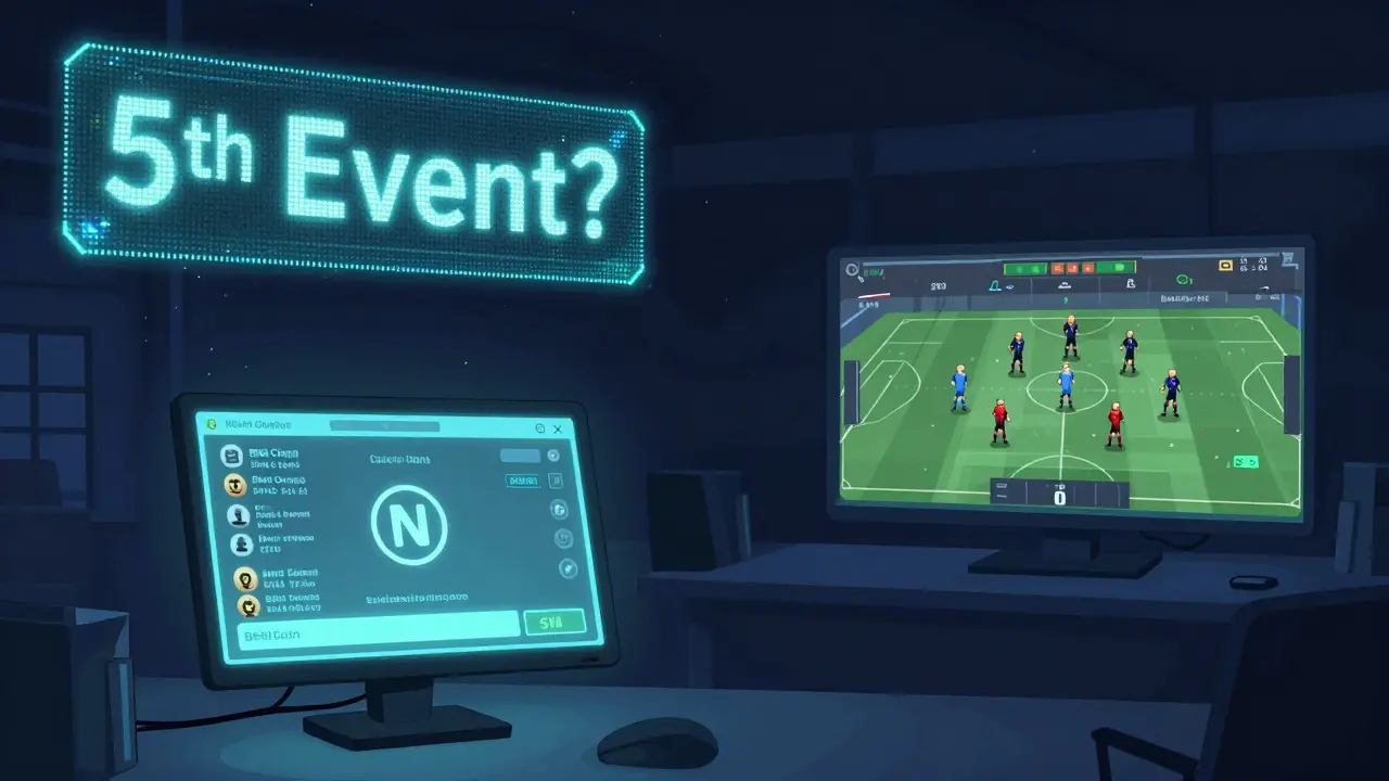 An empty event center with fading '5th Event?' signs, while real past NFT transactions glow on a monitor and a football game loads in the background.