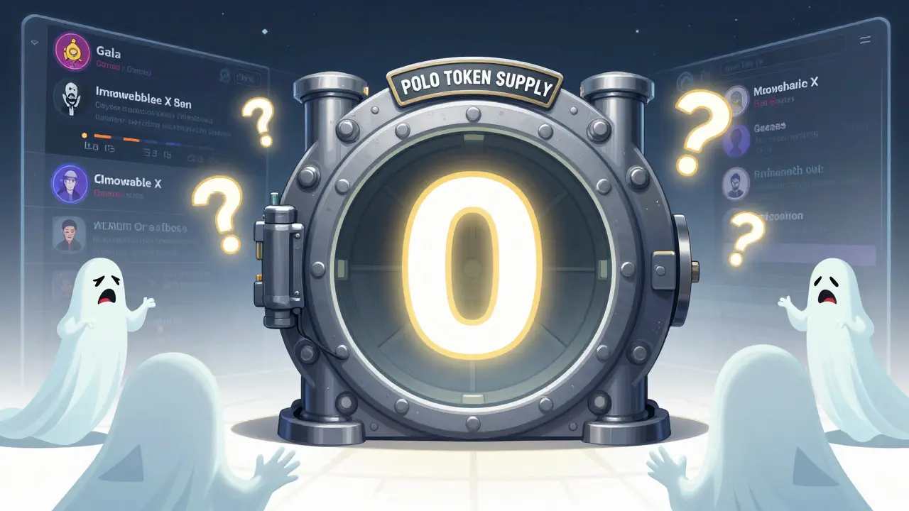 An empty vault labeled 'POLO TOKEN SUPPLY' with a glowing zero, while real gaming platforms thrive in the background.