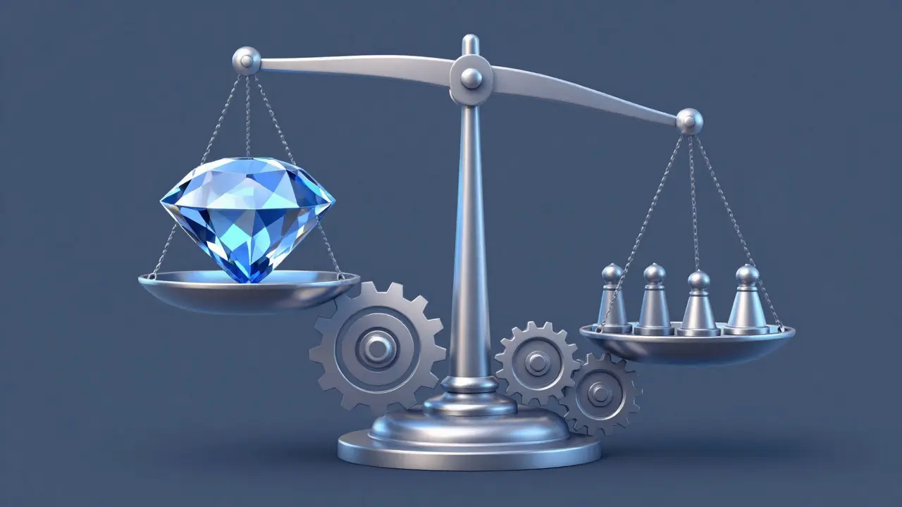 Balance scale measuring risk with gears below concept art