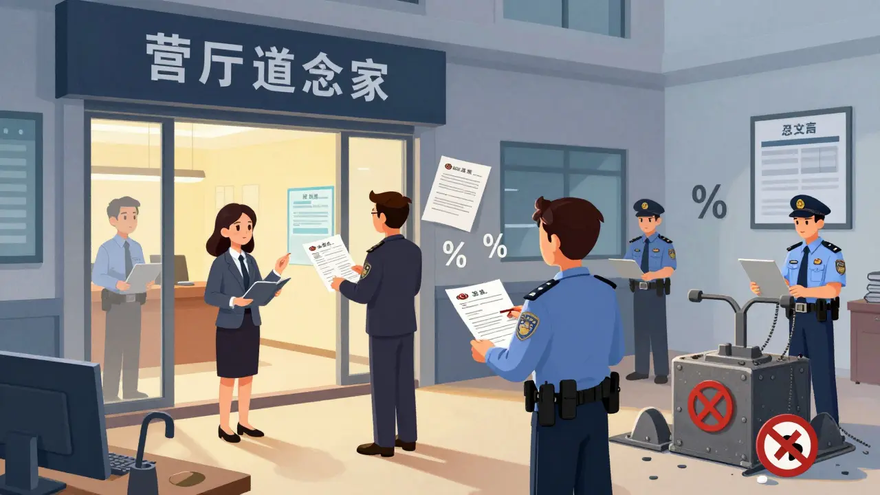 Bureaucratic compliance scene with mining registration and tax elements