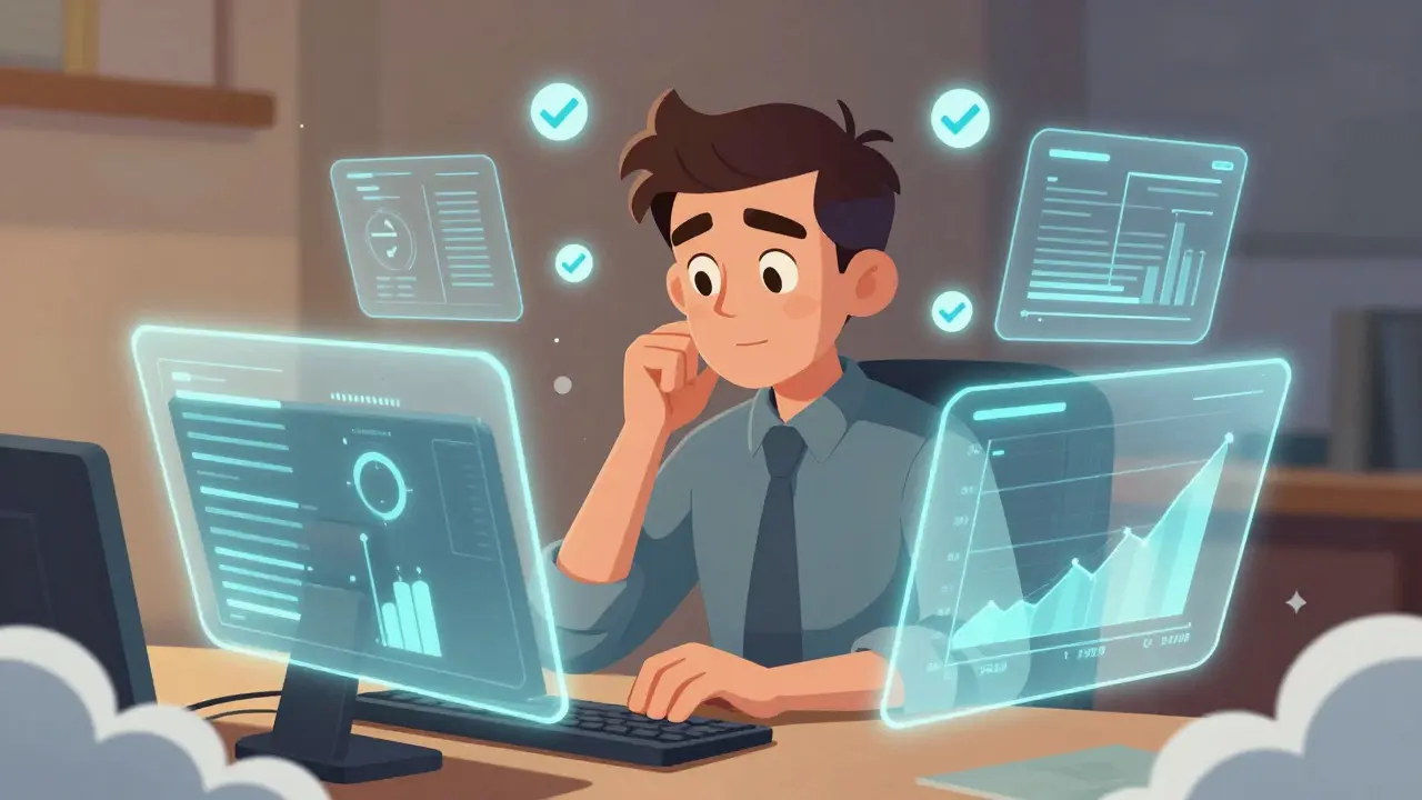 Calm trader with floating checkmarks and holographic charts