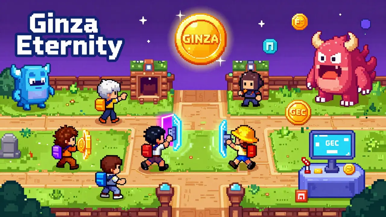 Cartoon avatars playing a blockchain game with GEC coins as shields, battling NFT monsters in a pixel-art world.