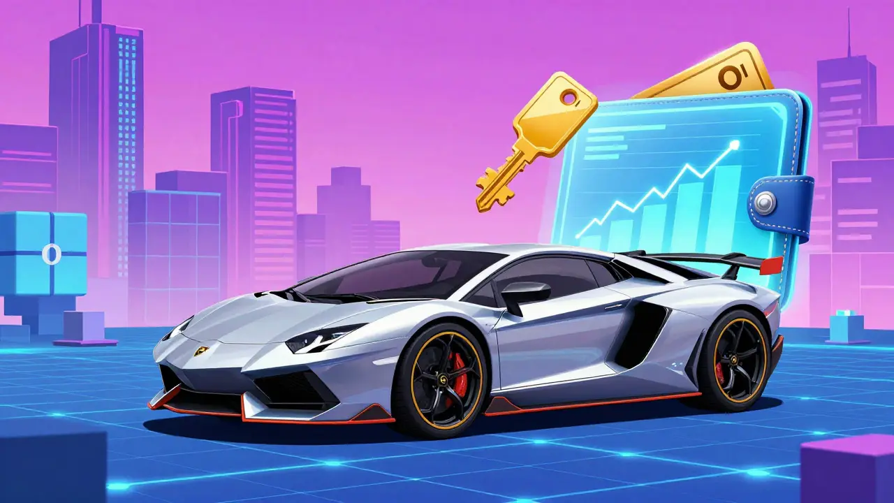 Concept art of a sports car and a digital wallet with a floating golden ticket.