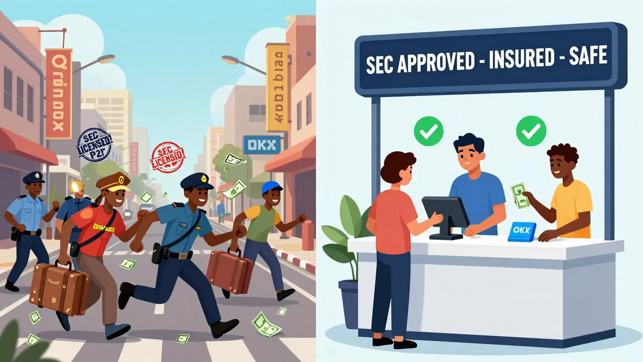 Contrasting Lagos scene: chaotic unlicensed crypto activity vs. calm, safe trading at licensed exchange kiosks.