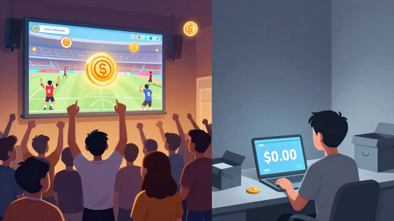 Contrasting scenes: active fan engagement vs. a lonely person facing a <h2>Can You Still Buy GRS?</h2>.00 GRS listing.