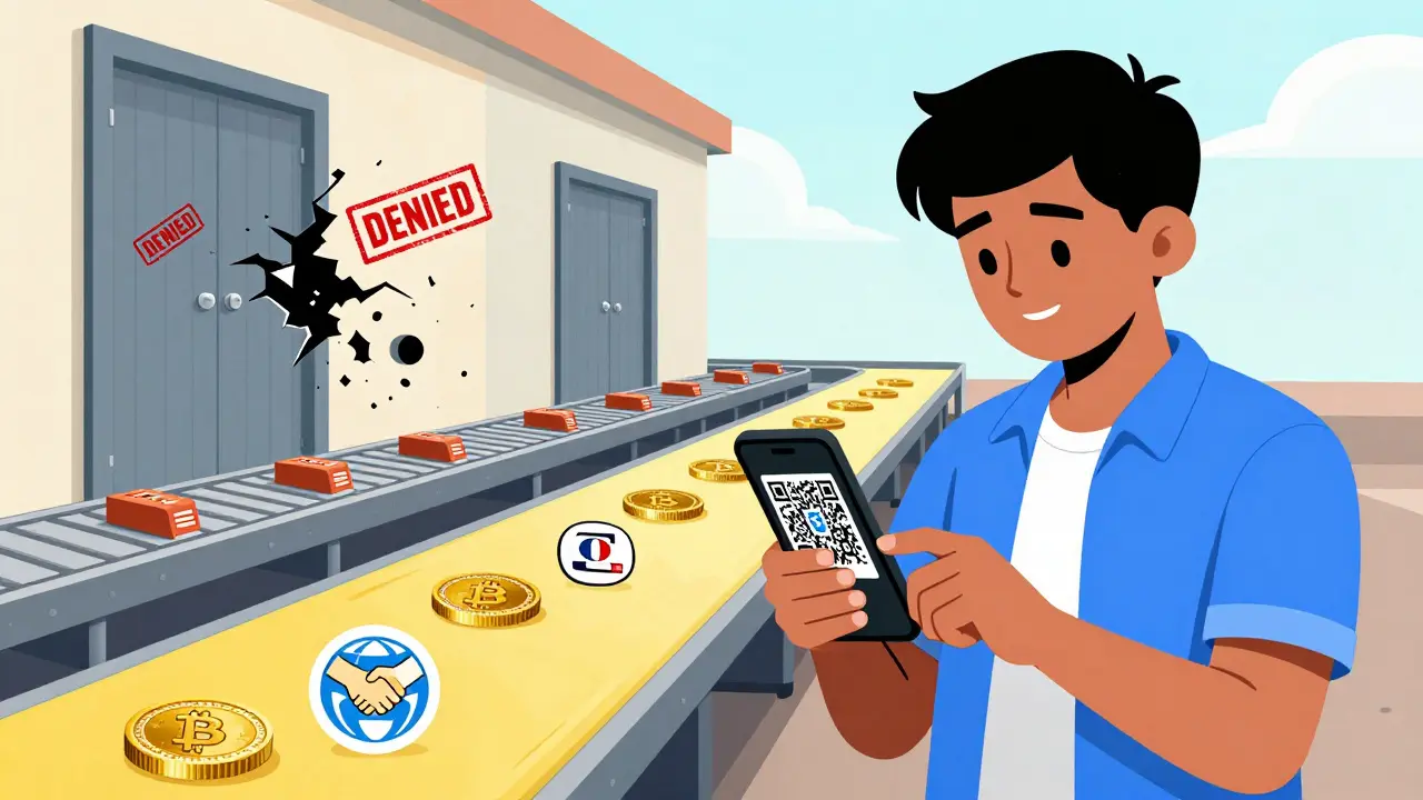 Creator in Nairobi scanning QR code to receive crypto payment, while old banking barriers crumble into pixels.