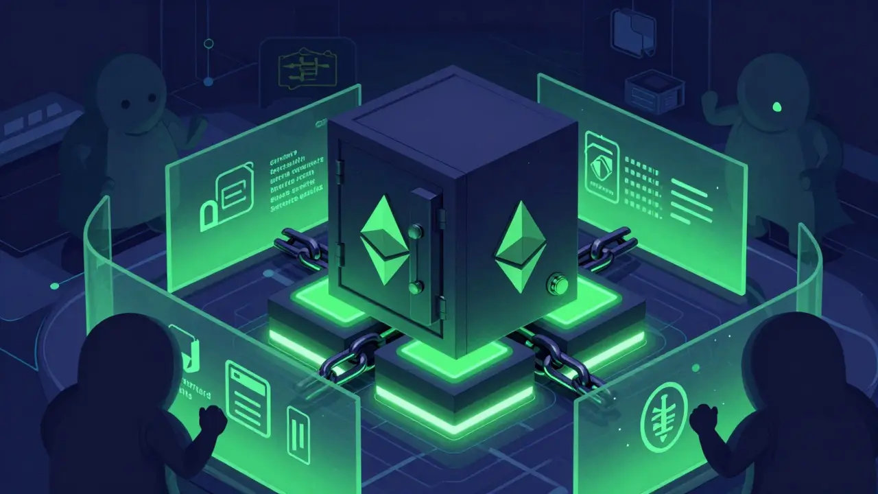 Digital safe on chain blocks with protective shields against shadow threats.