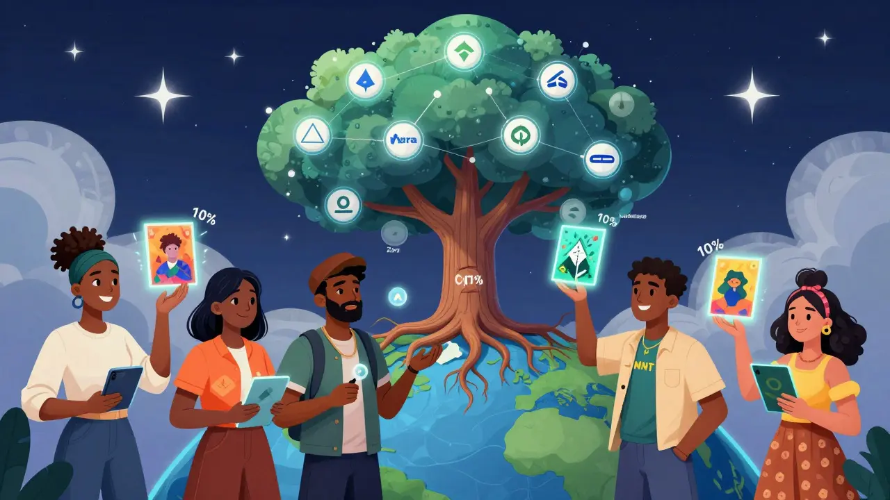 Diverse creators holding glowing NFTs with royalty percentages spinning around them, connected by a blockchain tree.